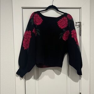 Promesa Black Sweater with Pink Floral Design